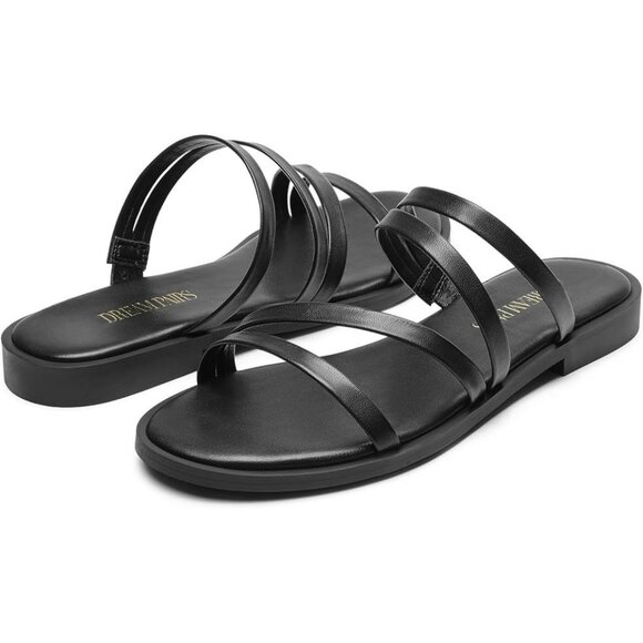 Dream Pairs Size 11 Black Strappy Slide Flat Sandals Memory Foam & Non-Slip Sole - Picture 8 of 11